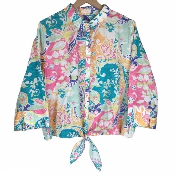 CHICO’S Shacket Top Button Front Tie Front No Iron Floral Tropical Size 16 XL - Picture 12 of 12